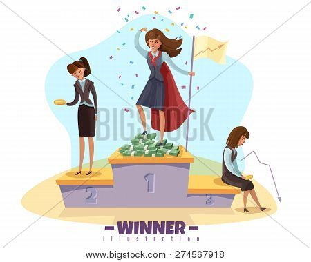 Business Winner Loser Background With Businesswomen Female Doodle Style Characters On Winners Poduim