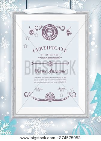 Christmas Certificate With Grey Realistic Border On Snowflake Background. Clean Design, Realistic Ef
