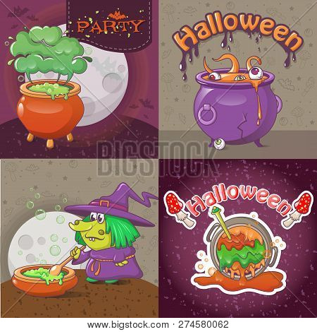 Cauldron Pot Halloween Banner Concept Set. Cartoon Illustration Of 4 Cauldron Pot Halloween Banner C