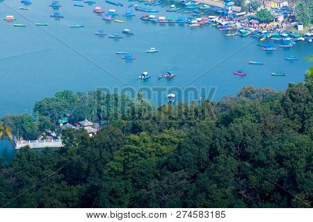 Fewa Lake View From Top , Down View Of Fewalake And Boats Pokhara Nepal