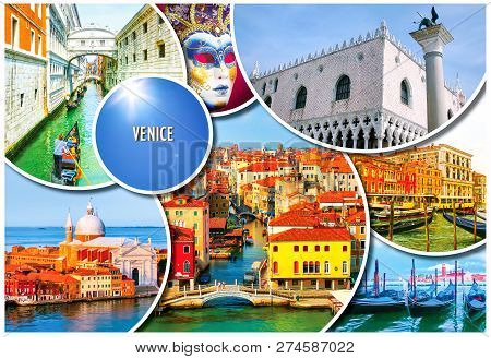 A Collage Of Some Pictures Of Different Locations In Venice, Italy, Such As Small Canals, The Bridge