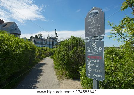 Ogunquit, Me, Usa - May 21, 2017: Sign Of Marginal Way Entrance In Ogunquit, Maine, Usa.