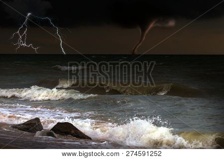 Storm On Sea. Big Wave And Lighting With Hurricane On Thuderstorm Sky