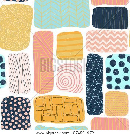 Seamless Pattern Abstract Blocks. Square And Rectangle Doodle Shapes With Different Textures. Mosaik