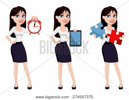 Business Woman With Brown Hair, Concept Of Cartoon Character In Office Style Clothes. Set Of Three P