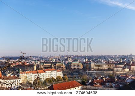 View On Prague Panorama With Red Roofs And Historic Architecture