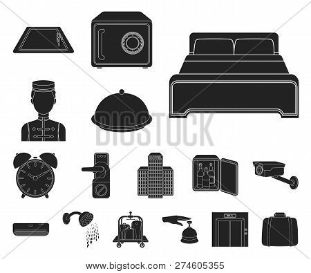 Hotel And Equipment Black Icons In Set Collection For Design. Hotel And Comfort Vector Symbol Stock 