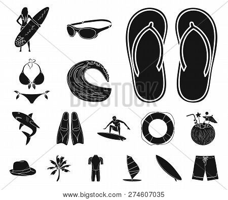 Surfing And Extreme Black Icons In Set Collection For Design. Surfer And Accessories Vector Symbol S