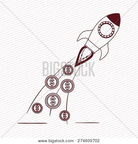 Rocket Start Up With Coins Dollars Vector Illustration Design