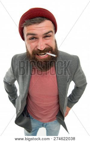 Hipster Brutal Bearded Tobacco Smoker. Brutality And Masculinity. Brutal Unshaven Guy Smoking White 