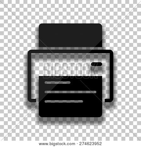 Printer And Paper. Black Glass Icon With Soft Shadow On Transparent Background