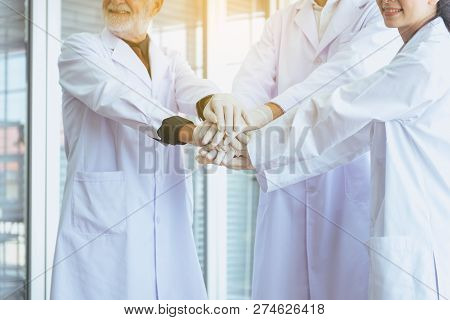 Scientists Coordinate Hands,group Of People Teamwork In Laboratory,successful And Reserch Working