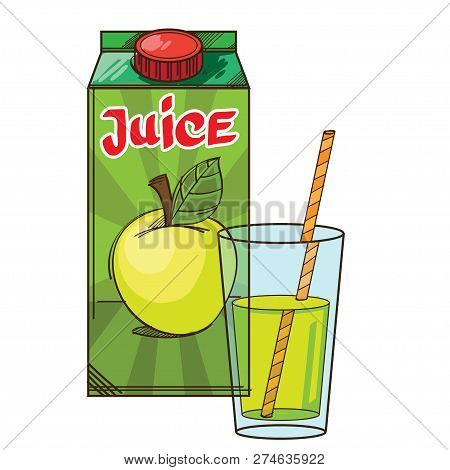 Vector Set Of Package With Apple Juicy And Glass Near.