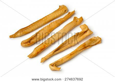 Fresh smoked pieces of spiny dogfish isolated on white background