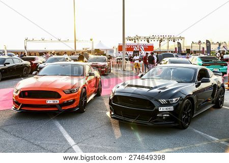 Dubai, Uae - November 15, 2018: Sports Cars Ford Mustang Take Part In The Annual Gulf Car Festival.