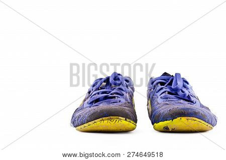 Old Vintage Damaged Futsal Sports Shoes On White Background Football Sportware Object Isolated