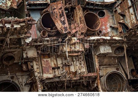 Internal Parts Of Decommissioned Marine Ship That Was Cut And Left On The Shore.
