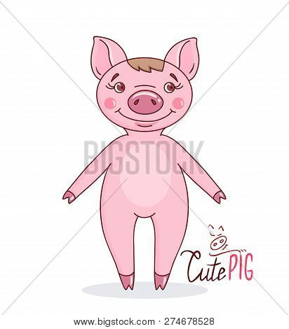 Pig In Cartoon Style. Hand Drawn Style Vector Design For Illustration