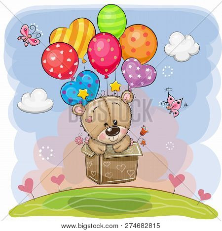 Cute Cartoon Teddy Bear In The Box Is Flying On Balloons