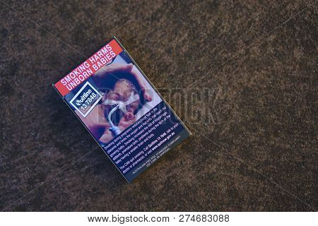 Frankston, Vic / Australia - Nov 22 2018: Australian Cigarette Pack With Smoking Harms Unborn Babies