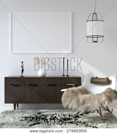 Mock Up Poster Frame In Home Interior Background, Bohemian Style Living Room, 3d Illustration