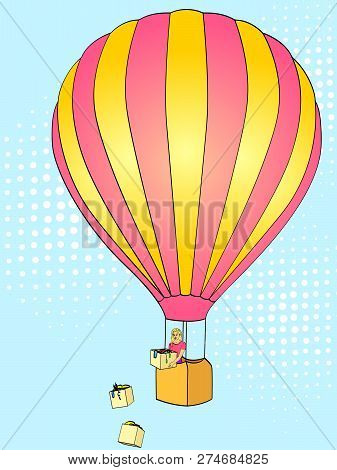 Pop Art Background. Get Rid Of Unnecessary Things. A Woman Is Throwing Clothes Out Of A Balloon. The