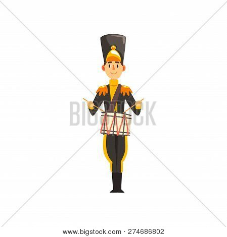 Soldier In Black Uniform Playing Drummer, Member Of Army Military Band With Musical Instrument Vecto