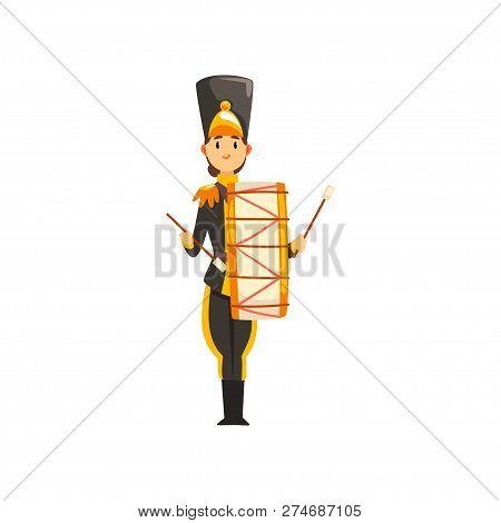 Soldier In Black Uniform With Drum, Member Of Army Military Band With Musical Instrument Vector Illu