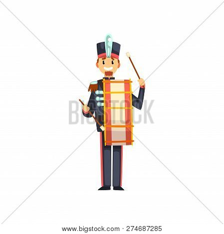Soldier Drummer, Member Of Army Military Band With Musical Instrument Vector Illustration On A White