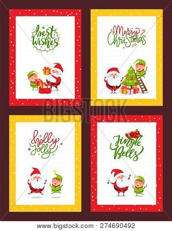 Set Of Christmas Cards With Cartoon Characters. Vector Santa Claus And Elf Giving Presents In Boxes,