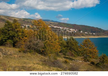 Autumn View Of Mascioni Village On Campotosto Lake