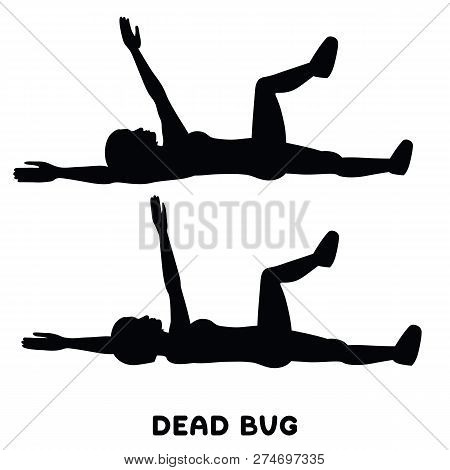 Dead Bug. Sport Exersice. Silhouettes Of Woman Doing Exercise. Workout, Training.