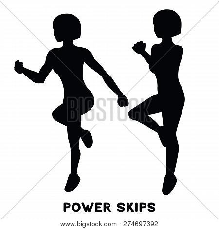 Power Skips. Sport Exersice. Silhouettes Of Woman Doing Exercise. Workout, Training.