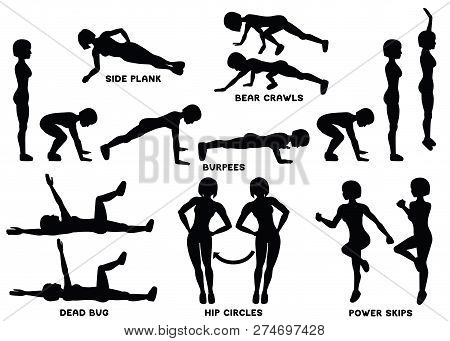 Burpees, Bear Crawls, Hip Circles, Dead Bug, Side Plank, Power Skips. Sport Exersice. Silhouettes Of