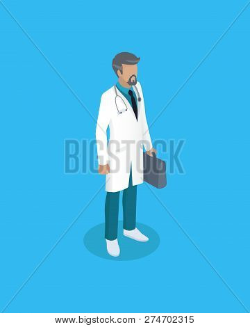Doctor In Uniform, Working Concept Vector Icon. Standing Man In White Smock With Suitcase In Hand An