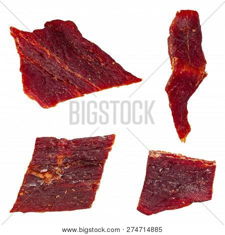 Beef Jerky Macro Isolated On White Background. Selective Focus.