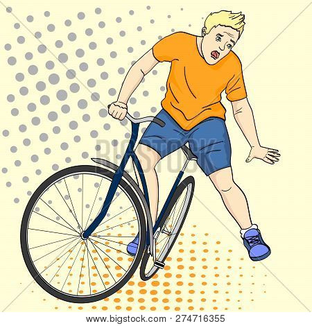 Pop Art Background. The Man Is Falling Off The Bicycle. Emotion Funk, Pain, Raster