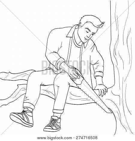 Man Sawing Tree Branch On Which Sits Object On White Background Raster Illustration. Make Yourself W