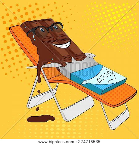 Chocolate Bar Melts On Beach Pop Art Retro Raster. Cartoon Food Character. Color Background. Comic B