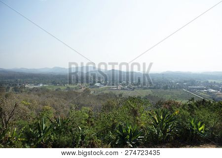 View Landscape And Village At Countryside Of Chiang Rai, Thailand From Top Of Mountain In Wat Phrach