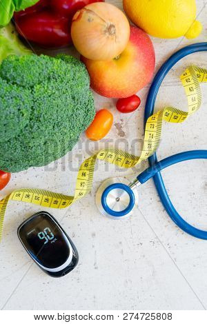 Raw Vegetables With Blood Glucose Meter, Diabetes Healthy Diet Concept, Top View Scene