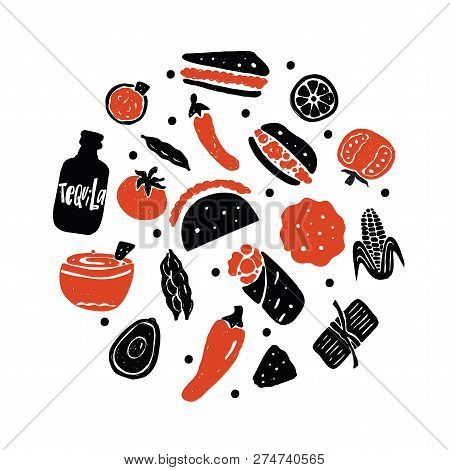 Mexican Street Food. Illustration Of Different Mexican Food In Circle. Vector.