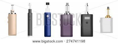 Electronic Cigarette Icon Set. Realistic Set Of Electronic Cigarette Vector Icons For Web Design Iso