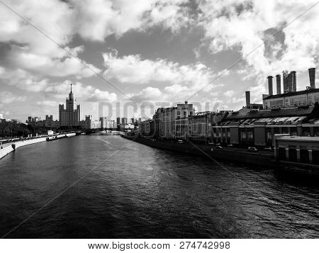 View Of Skyscapter On The Promenade Of Moscow River, Russia. Black And White Image