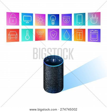 Smart Speaker For Smart Home Control. Icons On Colorful Gradient. Voice Control Gadget Of Your House