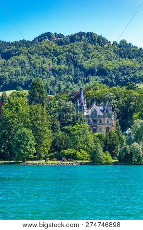 Thun, Switzerland - July 10, 2015:  The Schadau Castle On The Thun Lakeside