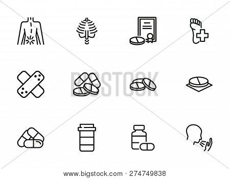 Drug Products Line Icon Set. Set Of Line Icons On White Background. Healthcare Concept. Stomach, Gem