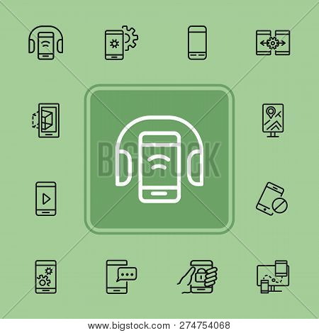 Smartphone Line Icon Set. Settings, Navigation, Multimedia Content. Mobile Technology Concept. Can B