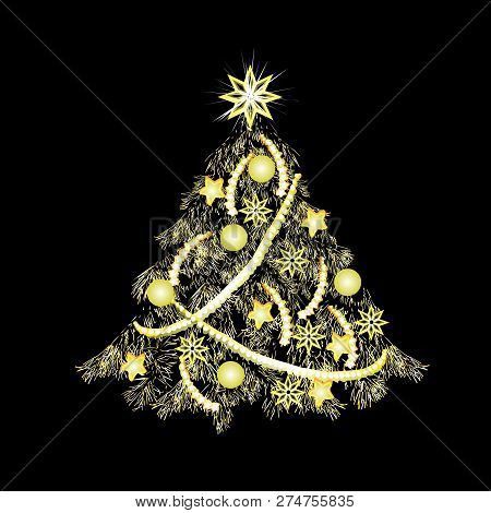 Festive Card By Christmas And New Year, Gold Tone, The Color Vector Image On A Black Background