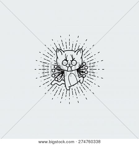 Vector Illustration Of A Bristling Cartoon Cat. Lined Jolt Kitten